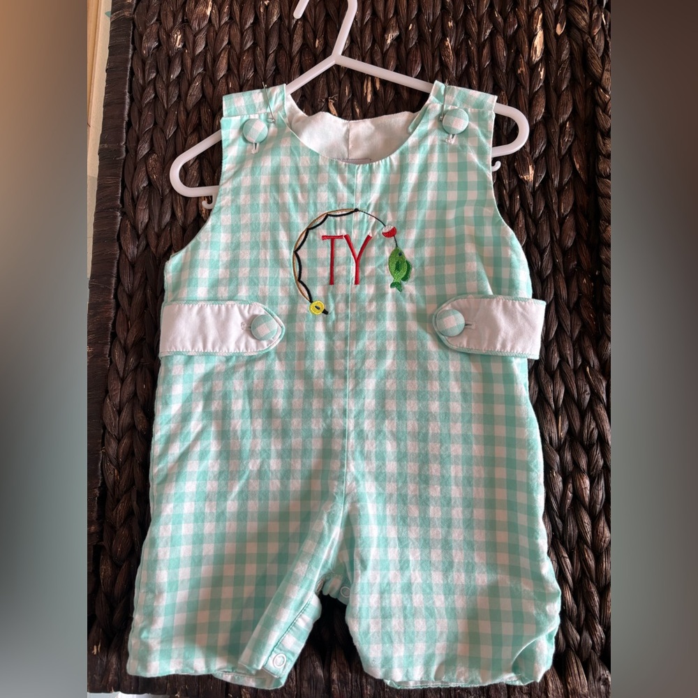 Mint Gingham Embroidered Fishing Romper “Ty”